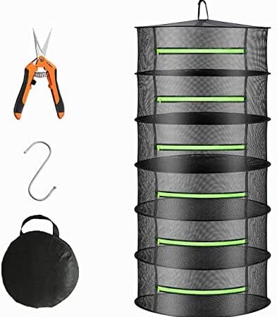 Bestio Herb Drying Rack 6 Layer, Hanging Drying Net with Green Zippers, 24 in Diameter Plant Rack Foldable Mesh, for Drying , Flowers, Vegetables of Weeds Drying Rack