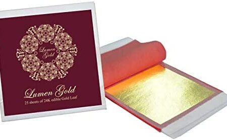 LumenGold 24K Premium Large Edible Gold Leaf-25 Sheets 8 x 8 cm-Tweezers included-Big Transfer sheets of Genuine Gold Foil-Cakes, Desserts, Facials, Gilding, Luxury Cuisines